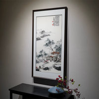Tranquil Mountain Dwelling Hand Embroidery, Oriental Ink‑Wash Wall Art