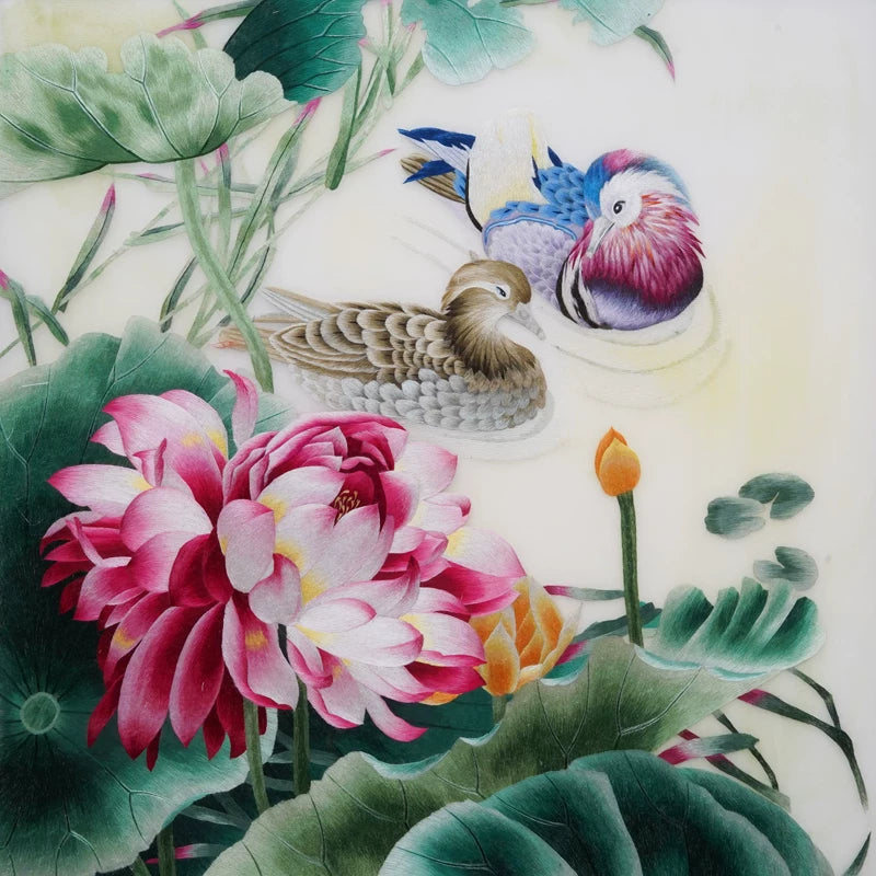 Hand‑Stitched Embroidery** Lotus Pond Sweet Couple‑Square