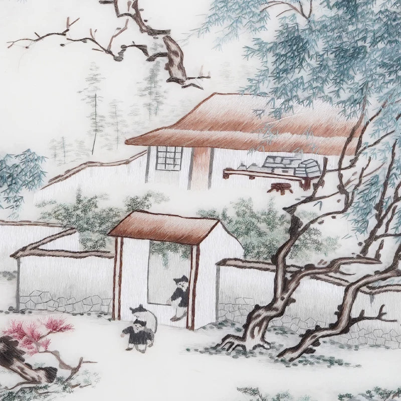 Tranquil Mountain Dwelling Hand Embroidery, Oriental Ink‑Wash Wall Art