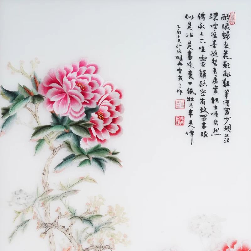 Handmade Blooming Peony Framed Embroidery Art