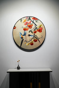 Round-Framed Suzhou Embroidery Persimmon Wall Hanging, Auspicious Chinese Art