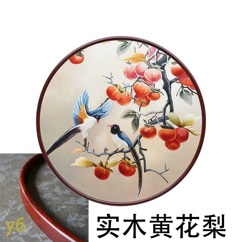Round-Framed Suzhou Embroidery Persimmon Wall Hanging, Auspicious Chinese Art