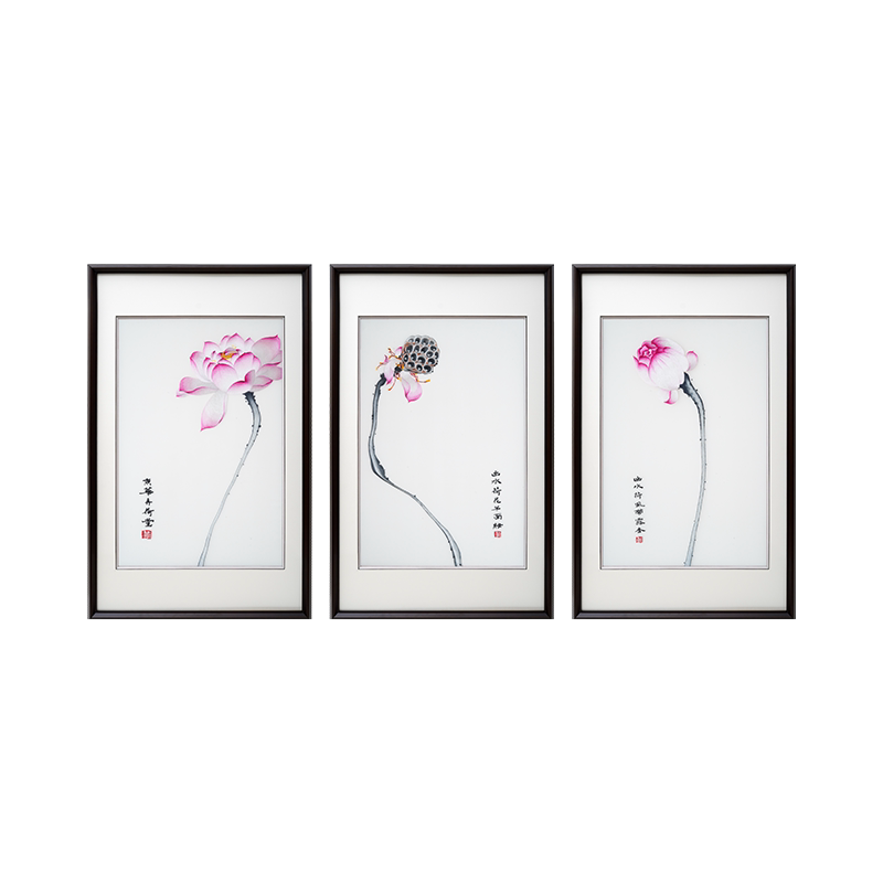 Elegant Lotus Charm‑3‑Panel Ink‑Style Wall Decor