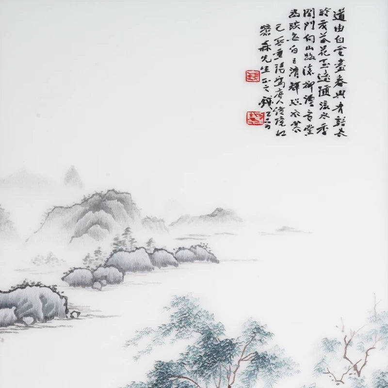 Tranquil Mountain Dwelling Hand Embroidery, Oriental Ink‑Wash Wall Art