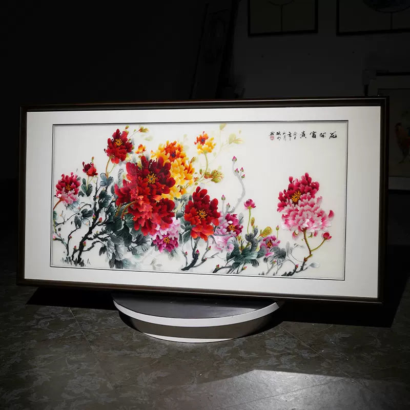 Silk Embroidery Chinese Blooming Peony Wall Decor