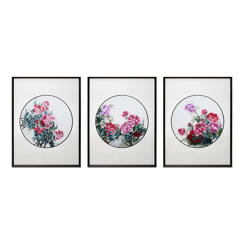 Handmade Su Embroidery - Peony Triptych