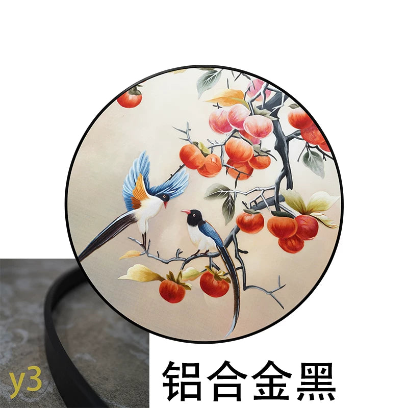 Round-Framed Suzhou Embroidery Persimmon Wall Hanging, Auspicious Chinese Art