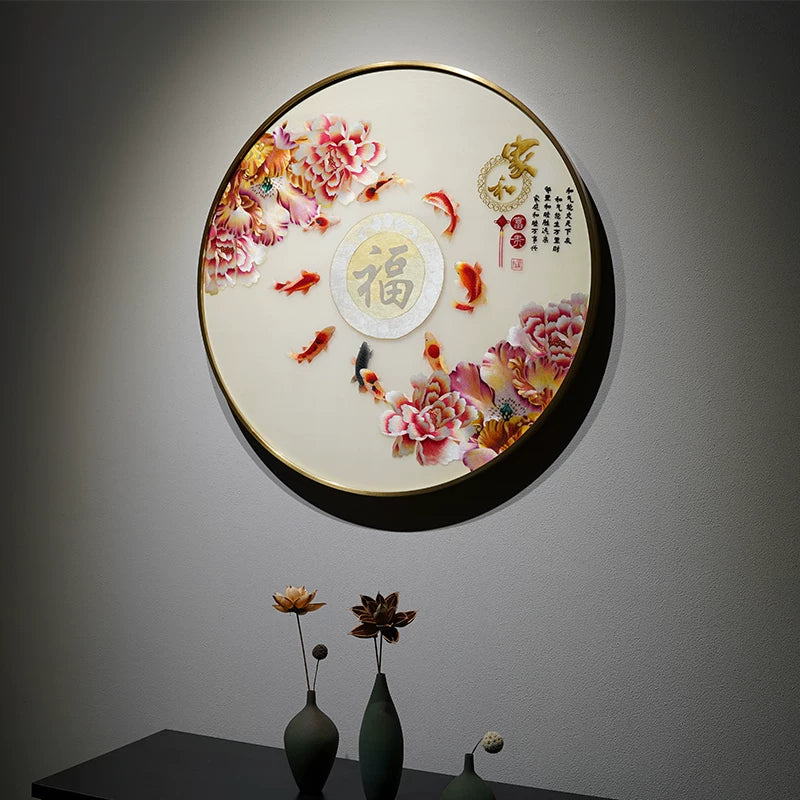 Handmade Koi Fish Blessing Framed Embroidery