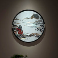 苏绣挂画新中式客厅手工刺绣画玄关卧室圆形装饰画《山水间》