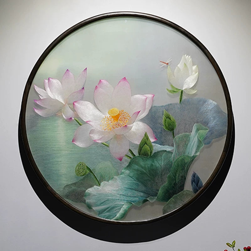Handmade Suzhou Embroidery Round Lotus Wall Art,