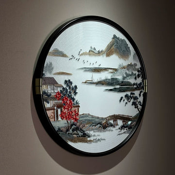苏绣挂画新中式客厅手工刺绣画玄关卧室圆形装饰画《山水间》
