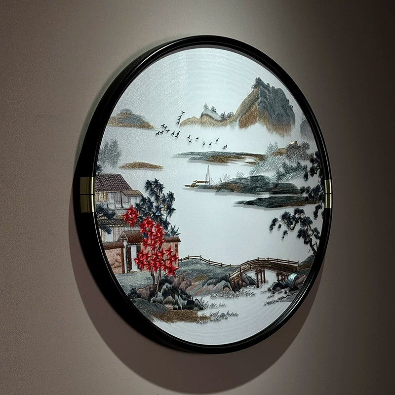 苏绣挂画新中式客厅手工刺绣画玄关卧室圆形装饰画《山水间》