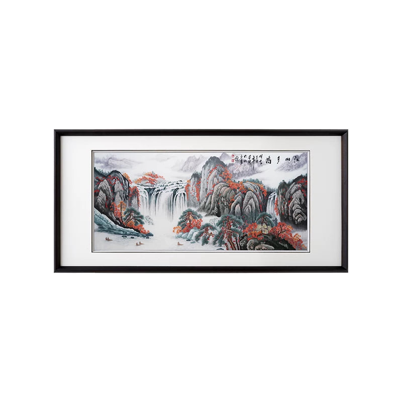Hand‑Stitched Embroidery** Autumn Mountain Cascade‑Horizontal
