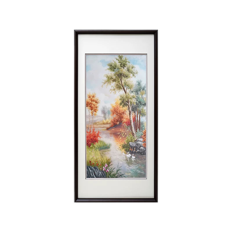 **Handmade Artisan Embroidery** Vertical Autumn Lakeside Scene